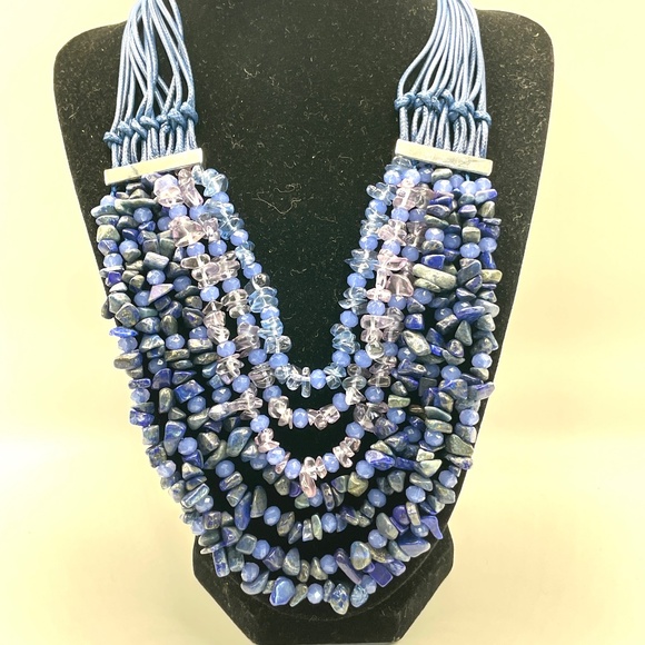 Kenneth Cole NWT Blue Gemstone Chip Leather Multi Strand Bib Necklace - Picture 14 of 14